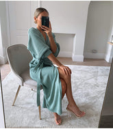 V-Neck Lace-Up Slit Night Dress – Knit Cardigan Style - NOIRPYJAMA